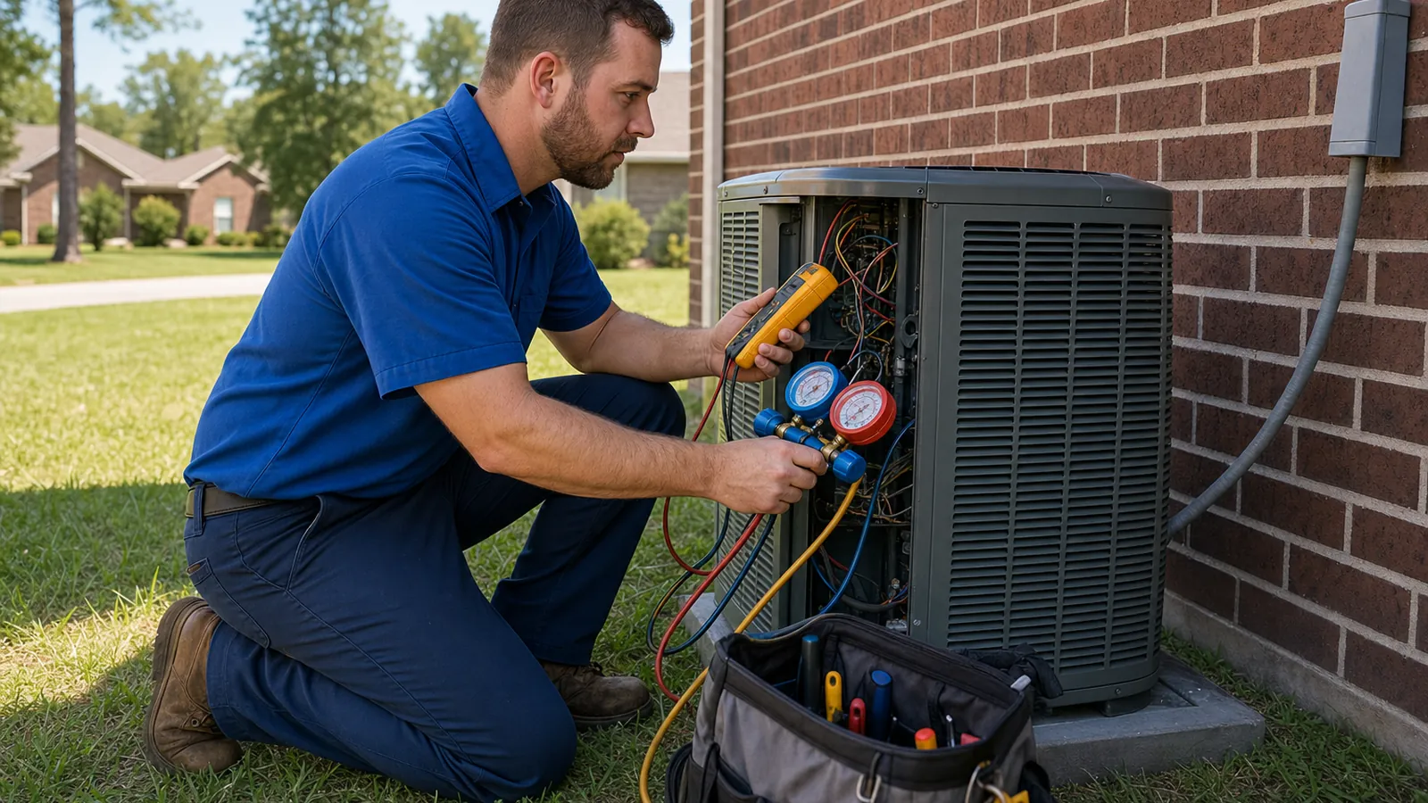 Technician testing an outdoor air conditioner beside its electrical disconnect
