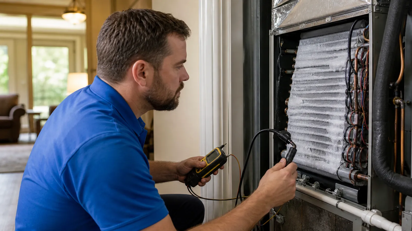 Technician taking meter readings at an indoor evaporator coil