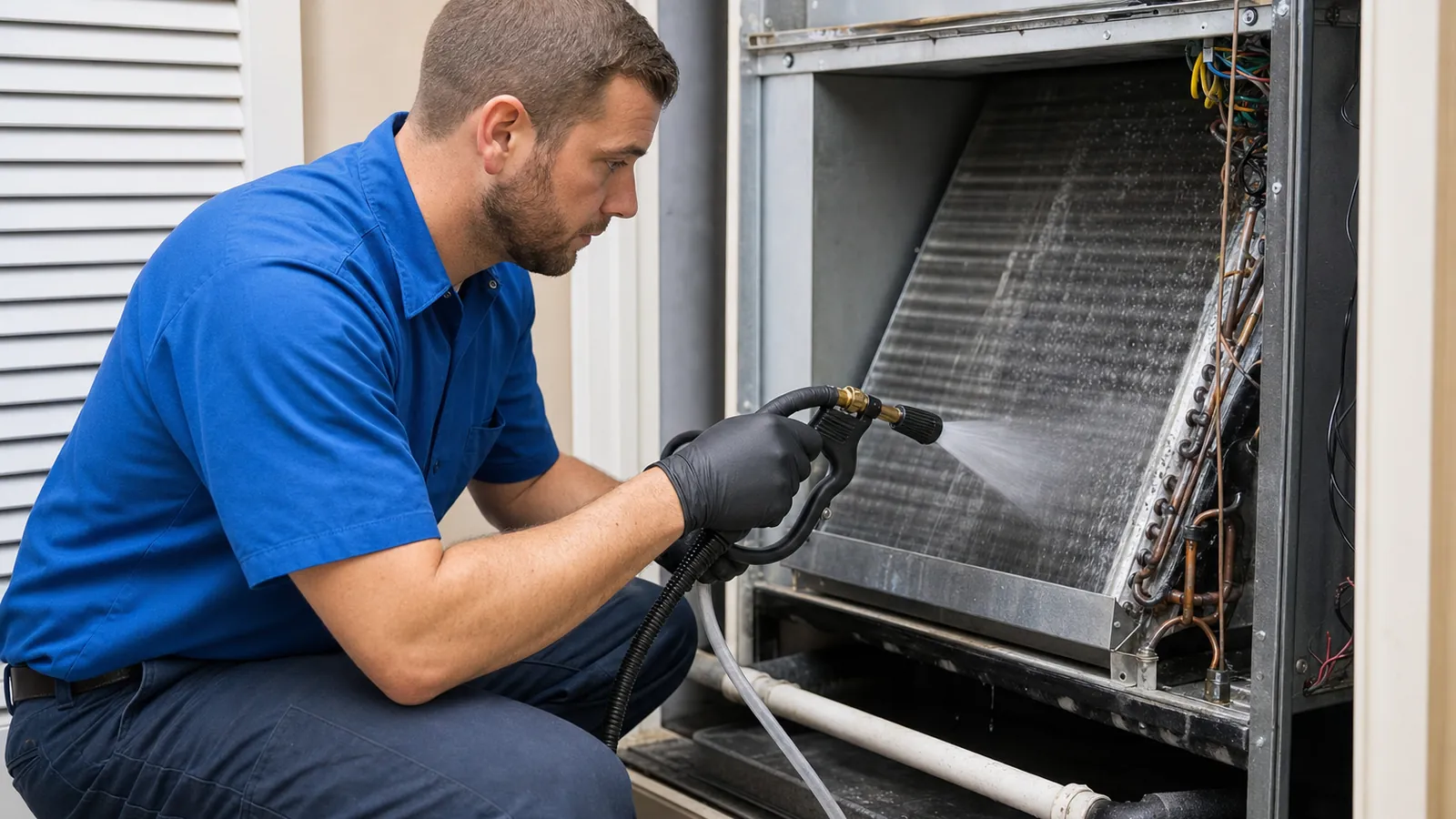 Technician cleaning an indoor evaporator coil above its condensate drain line