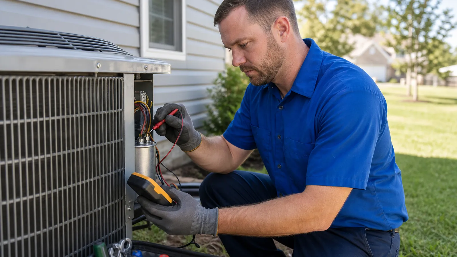 Technician testing the electrical controls of an outdoor air conditioner with a multimeter