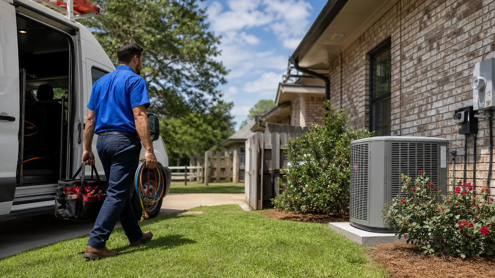 Technician carrying tools toward a home's outdoor air conditioner