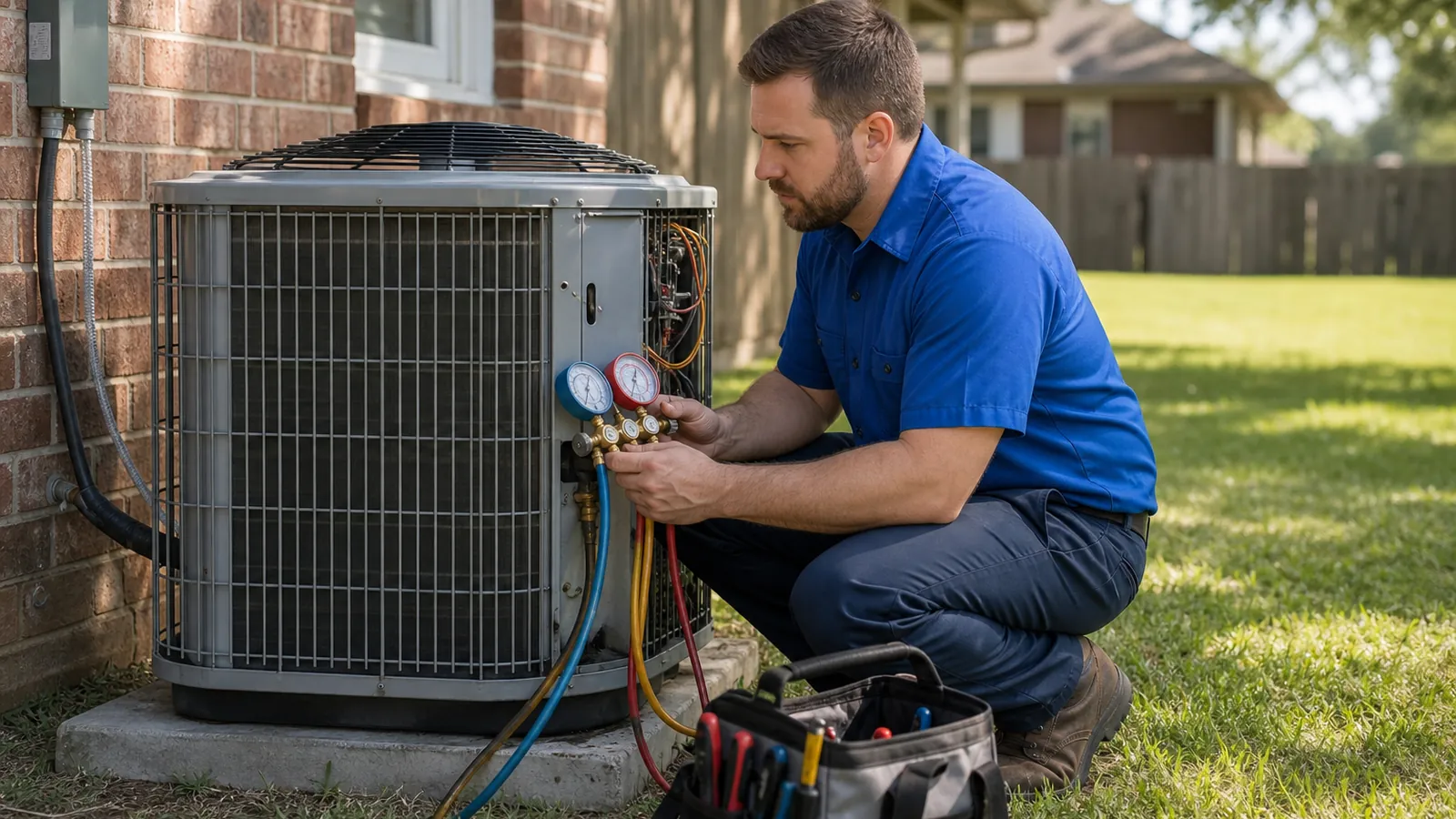 Technician checking refrigerant pressures at an outdoor air conditioner