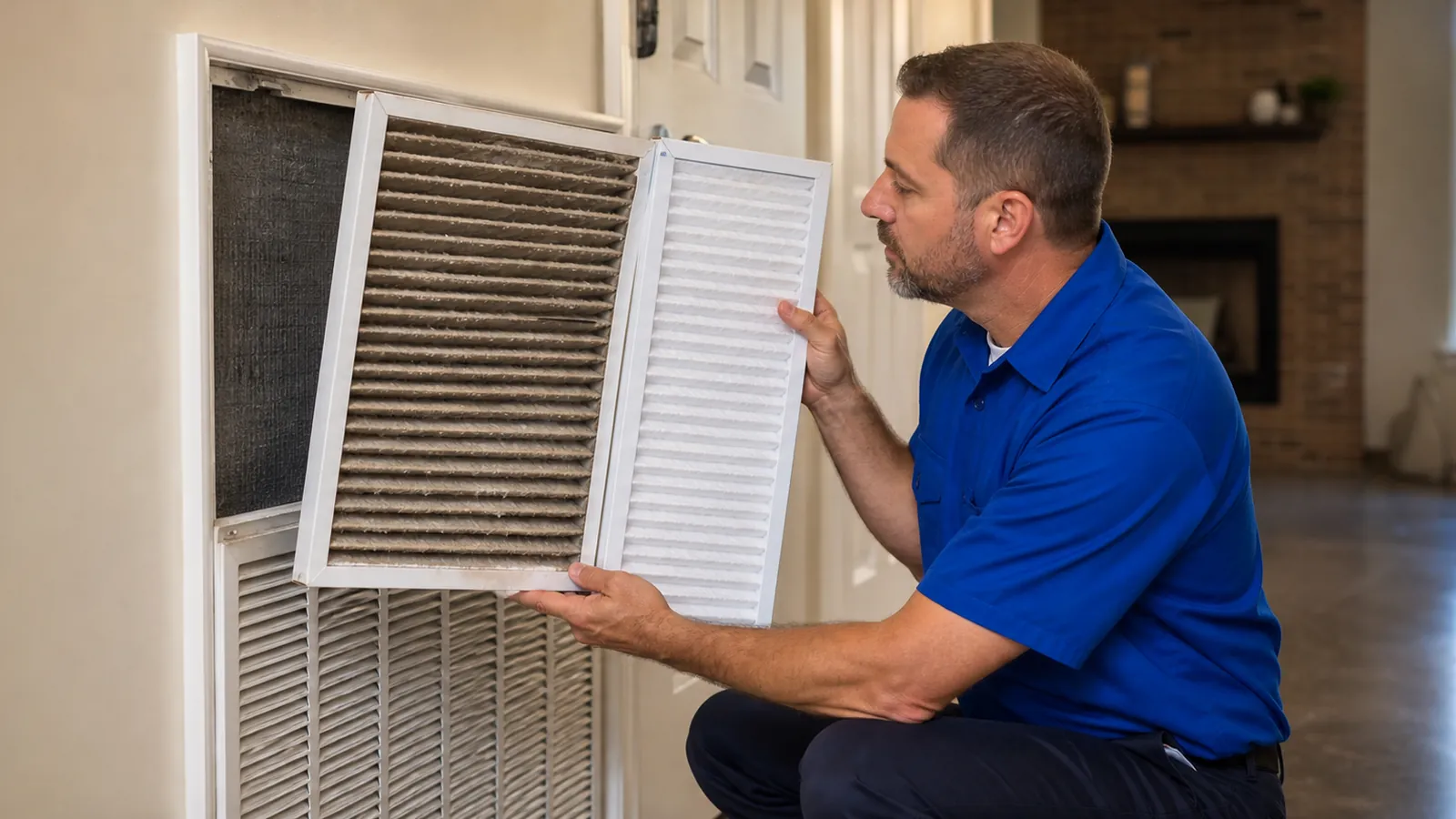 Technician swapping a dirty return-air filter for a clean one