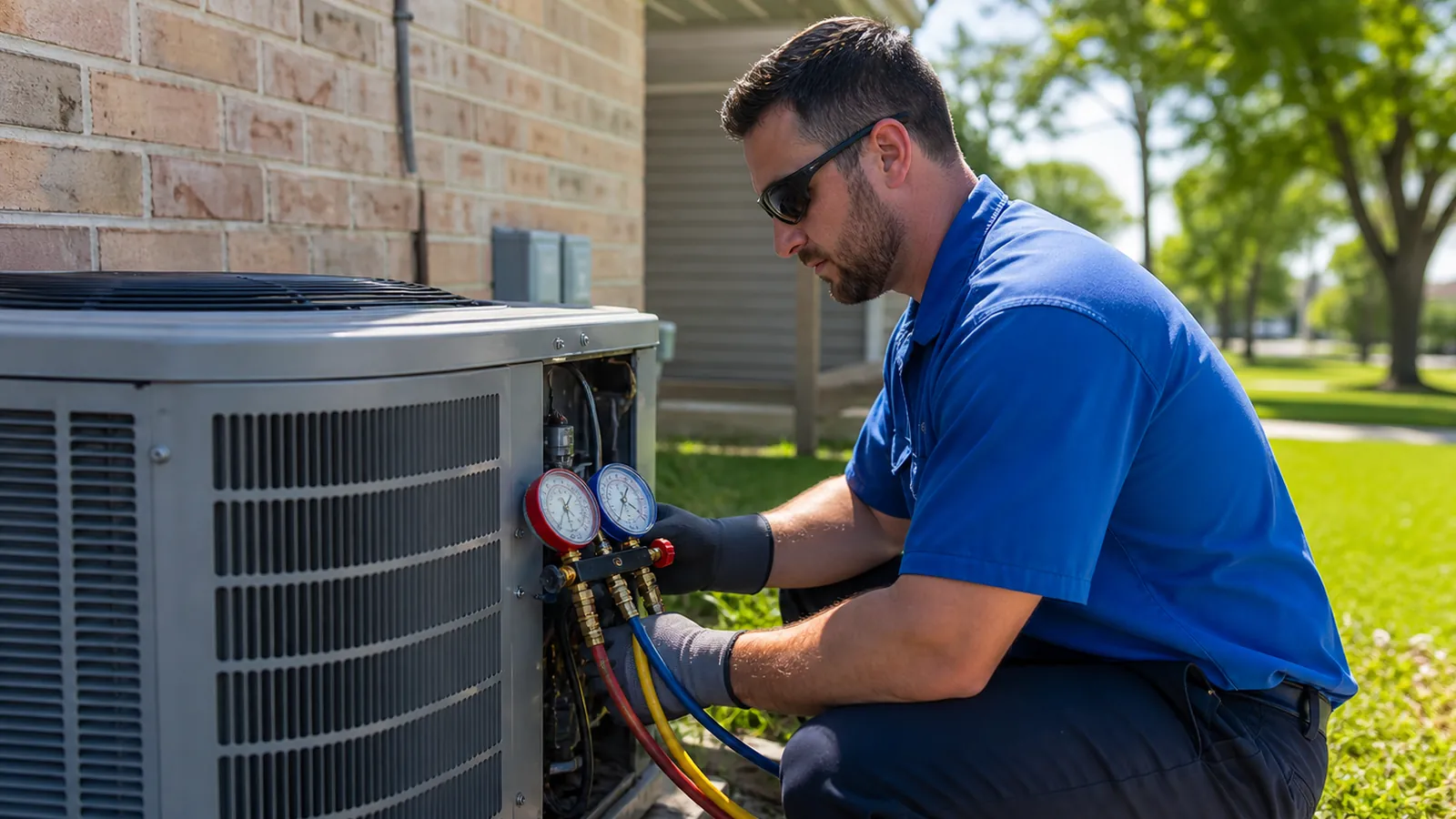 Technician inspecting an outdoor air conditioning unit with gauges attached