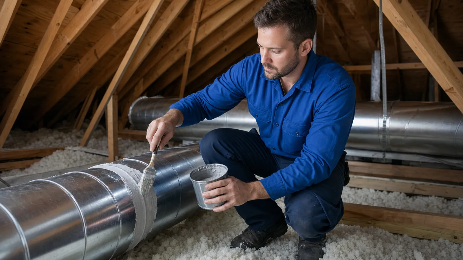 Technician brushing sealant onto a metal duct seam in an attic
