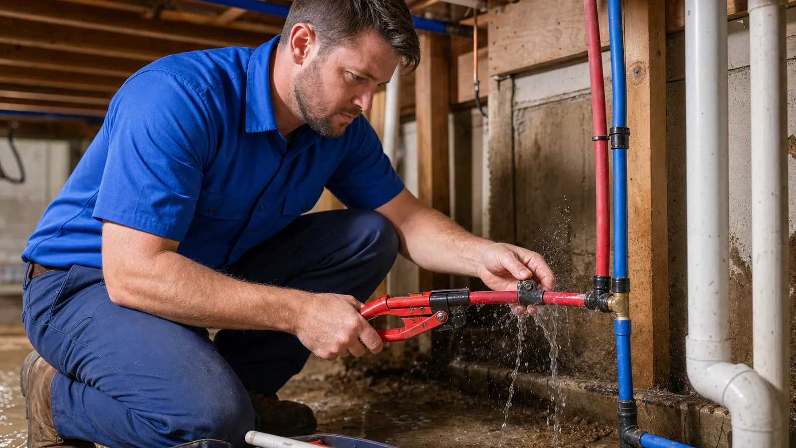 Plumber cutting out a damaged section of supply pipe inside an opened wall