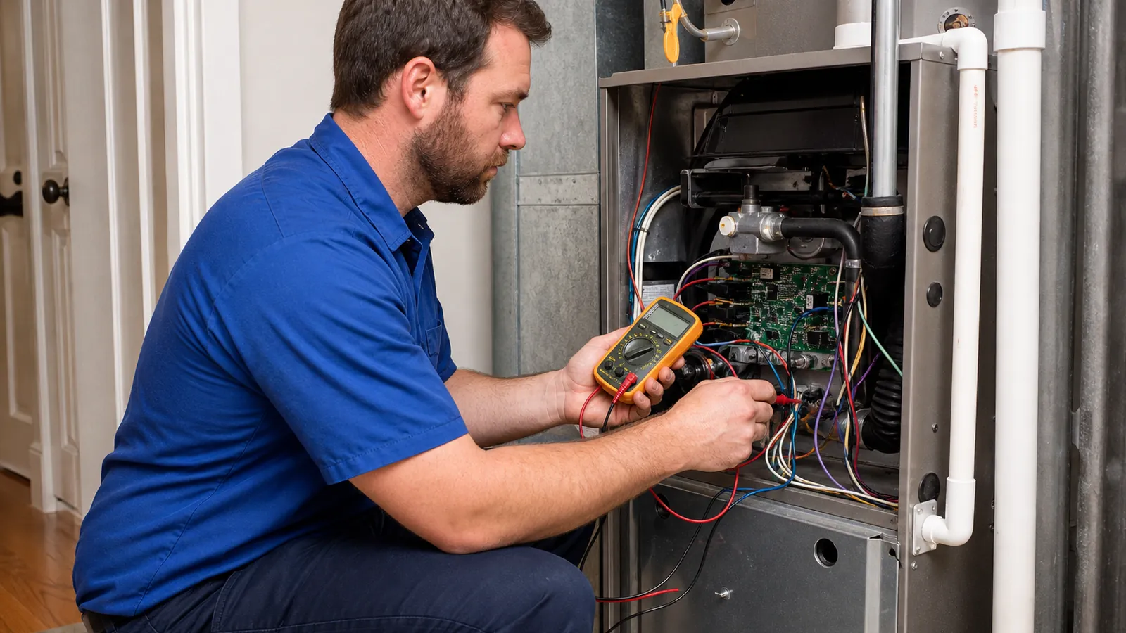 Technician testing a furnace control board with a multimeter