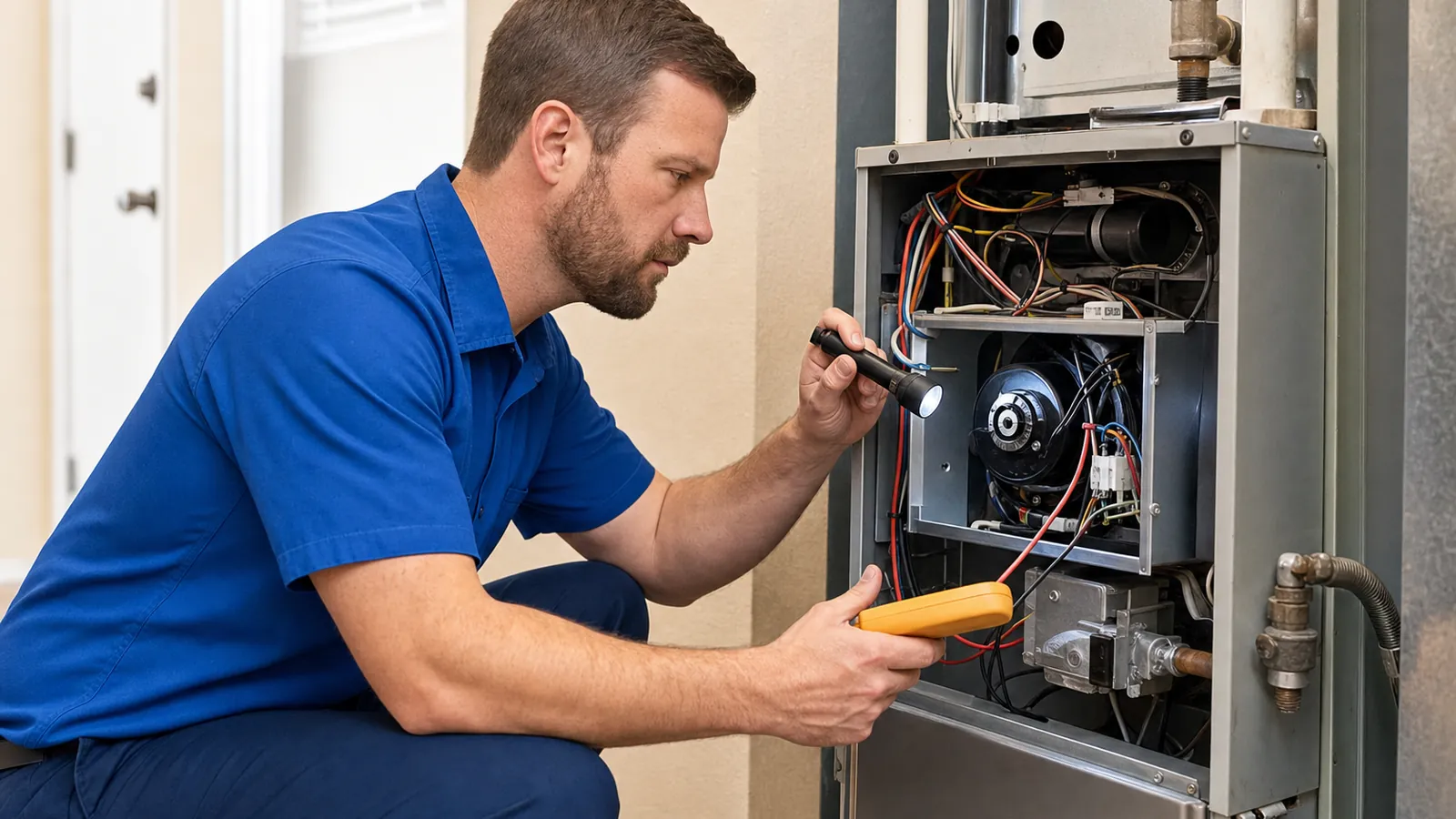 Technician testing furnace controls with a multimeter and a flashlight