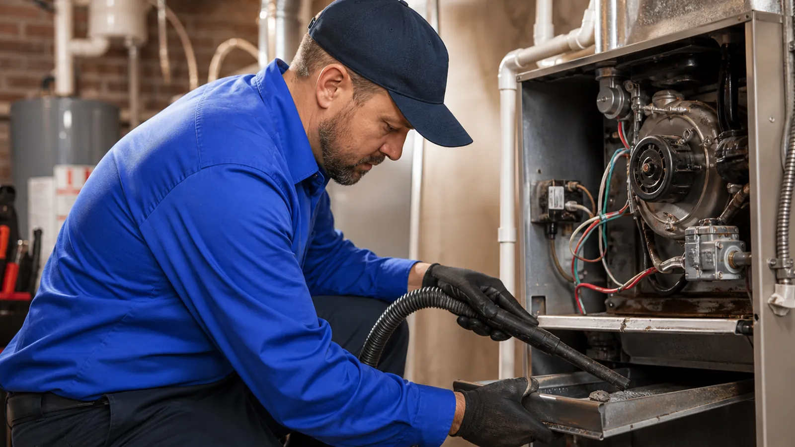 Technician vacuuming inside the blower compartment of a furnace