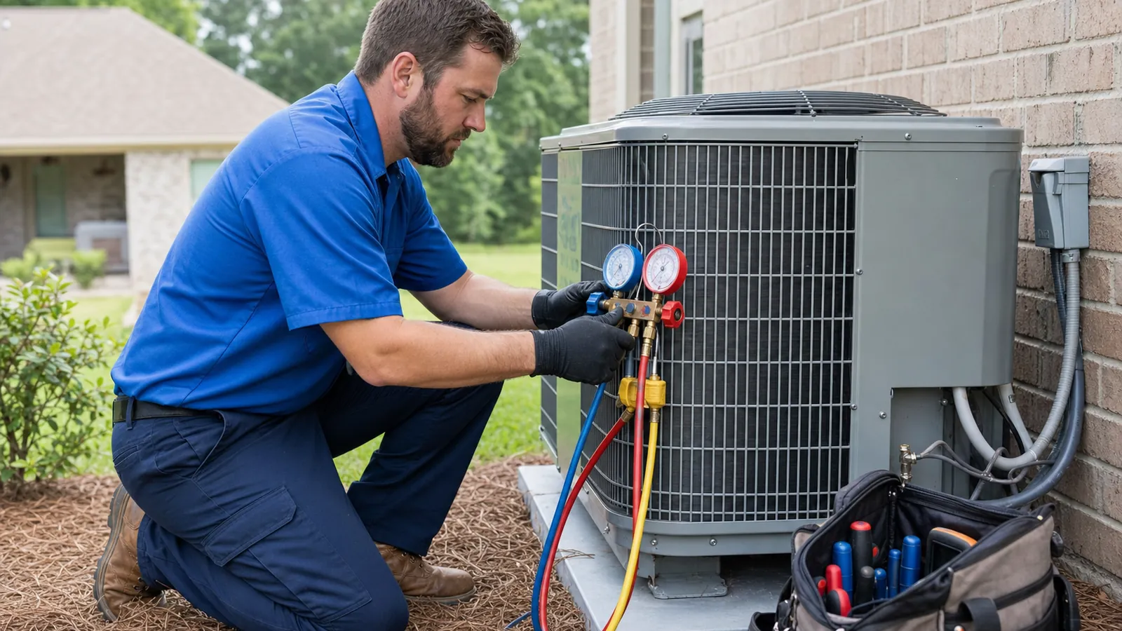 Technician connecting refrigerant gauges to an outdoor heat pump