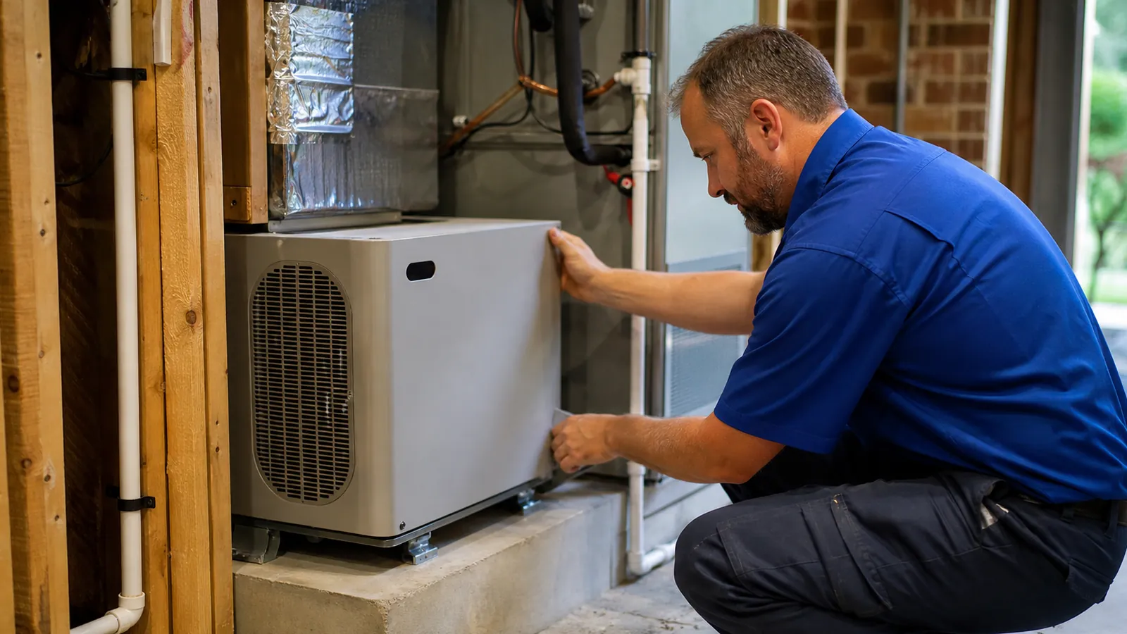 Technician working on an indoor air-handling unit in a utility closet
