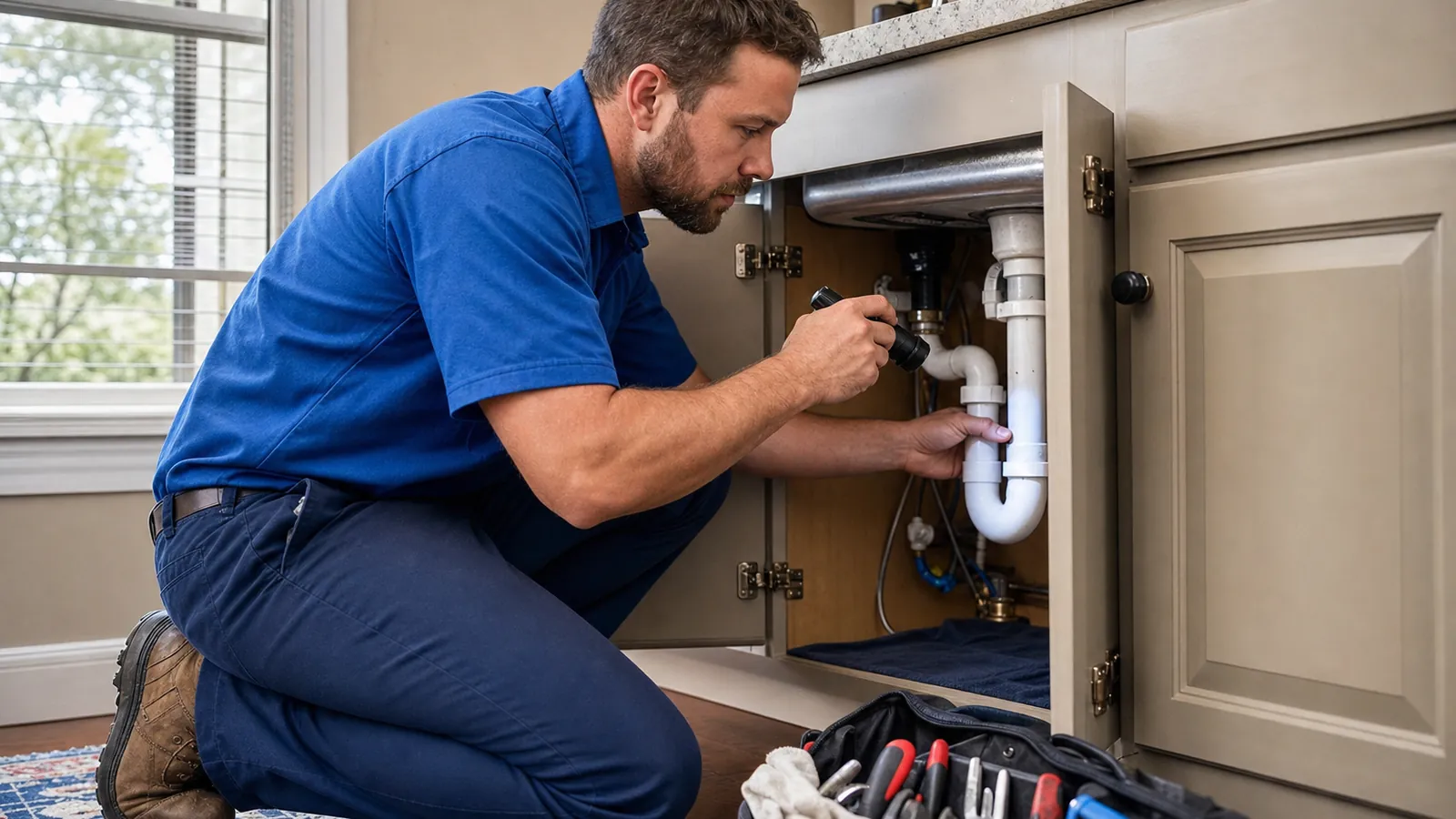 Plumber checking the drain trap and connections under a sink cabinet