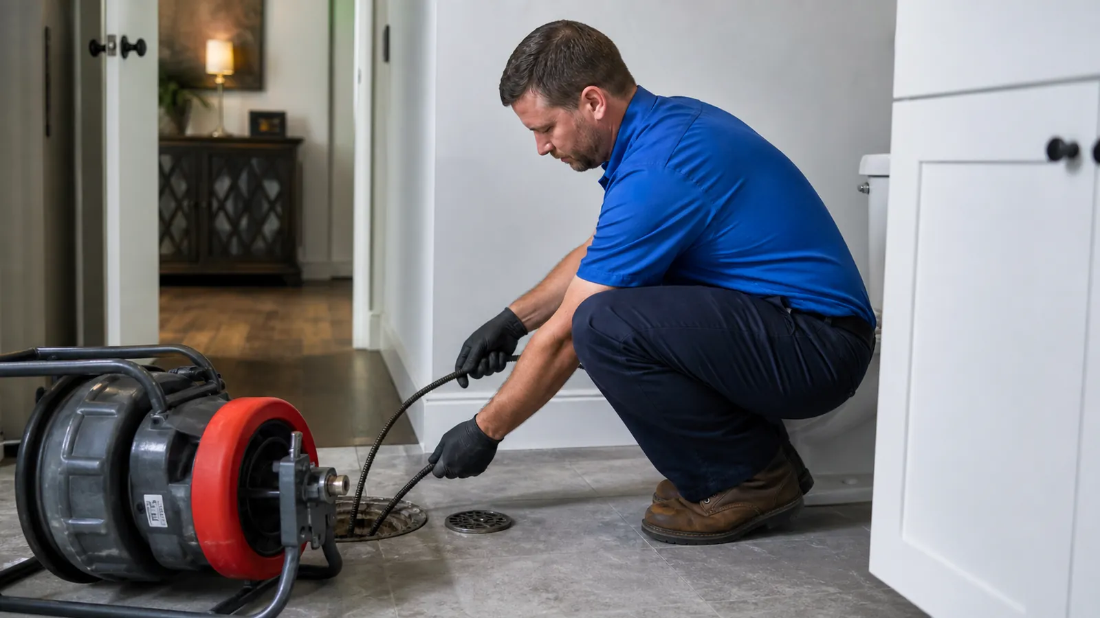 Plumber feeding a drum drain-cleaning machine cable into a floor drain