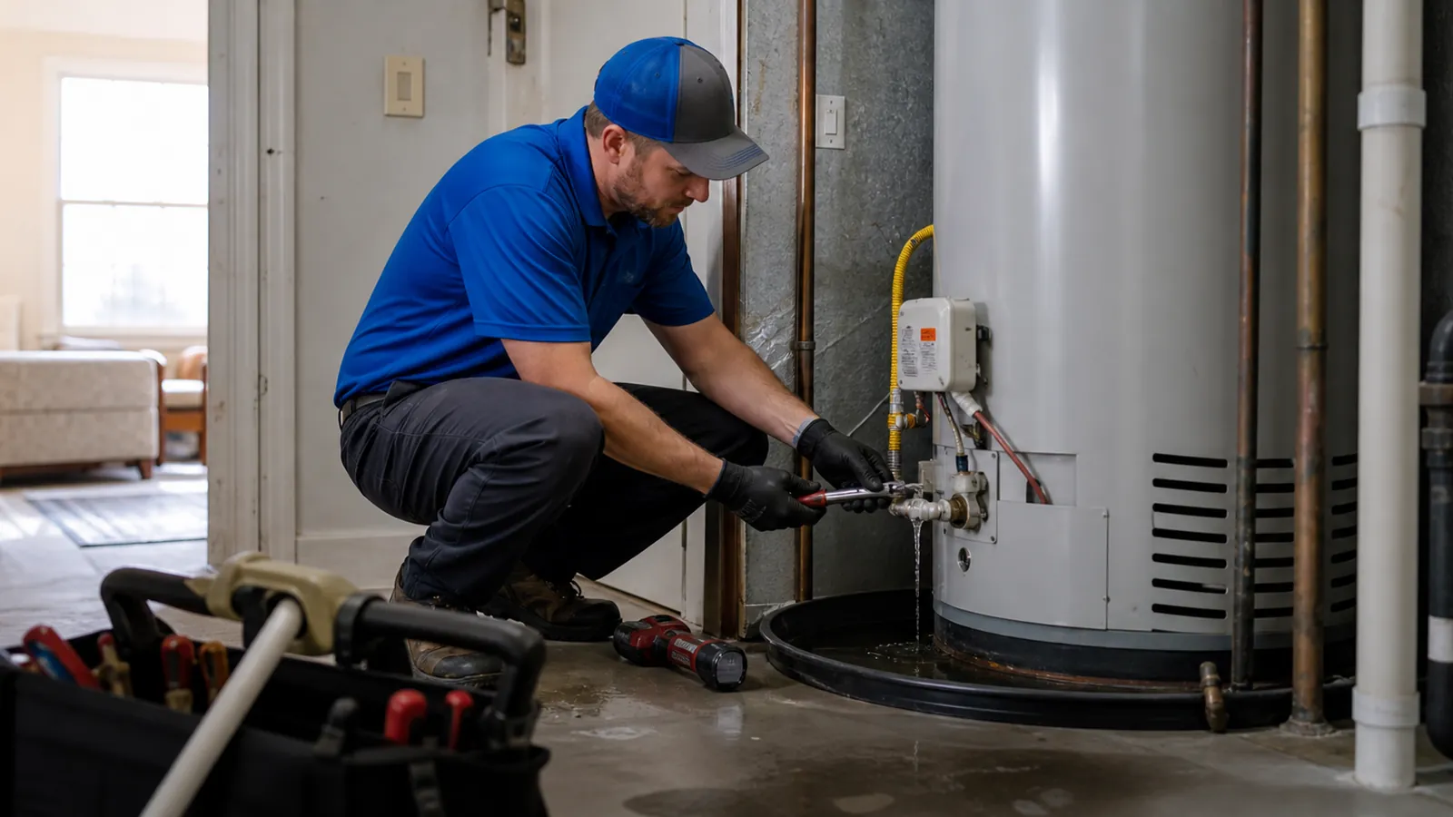 Plumber working at the gas control and burner access of a tank water heater