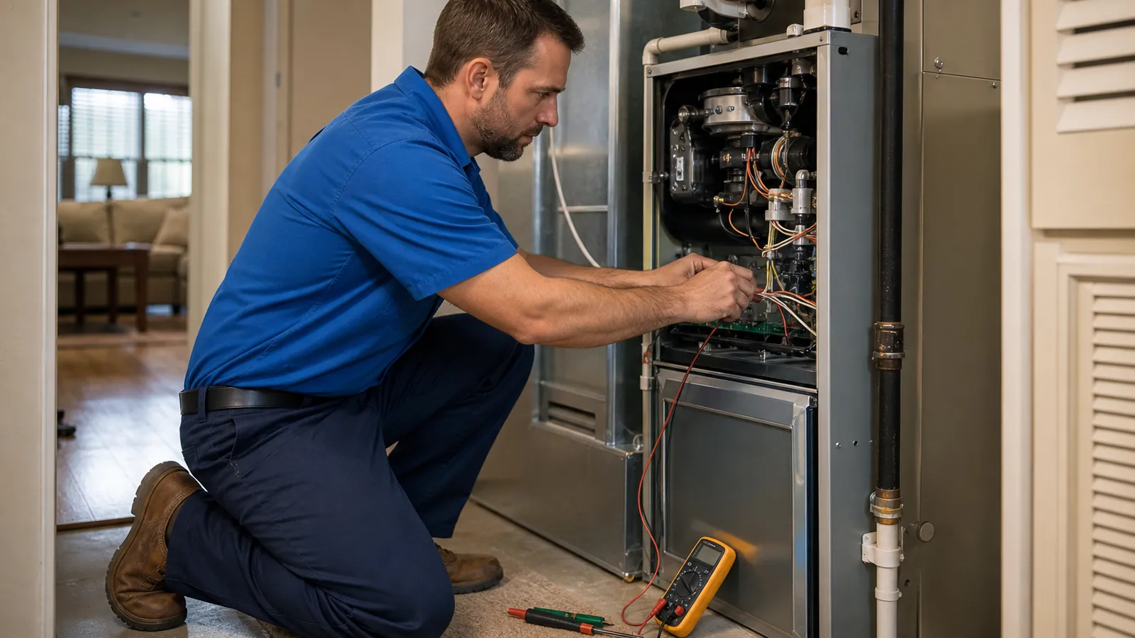 Technician checking the controls of a home furnace with a multimeter nearby