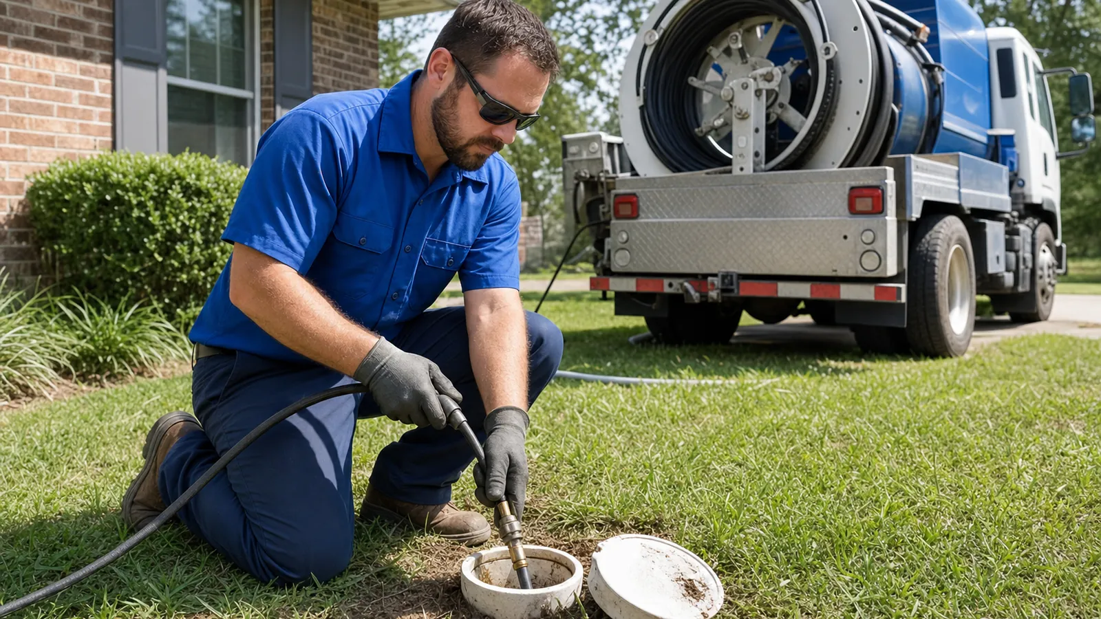 Plumber working at an open sewer cleanout in a front yard