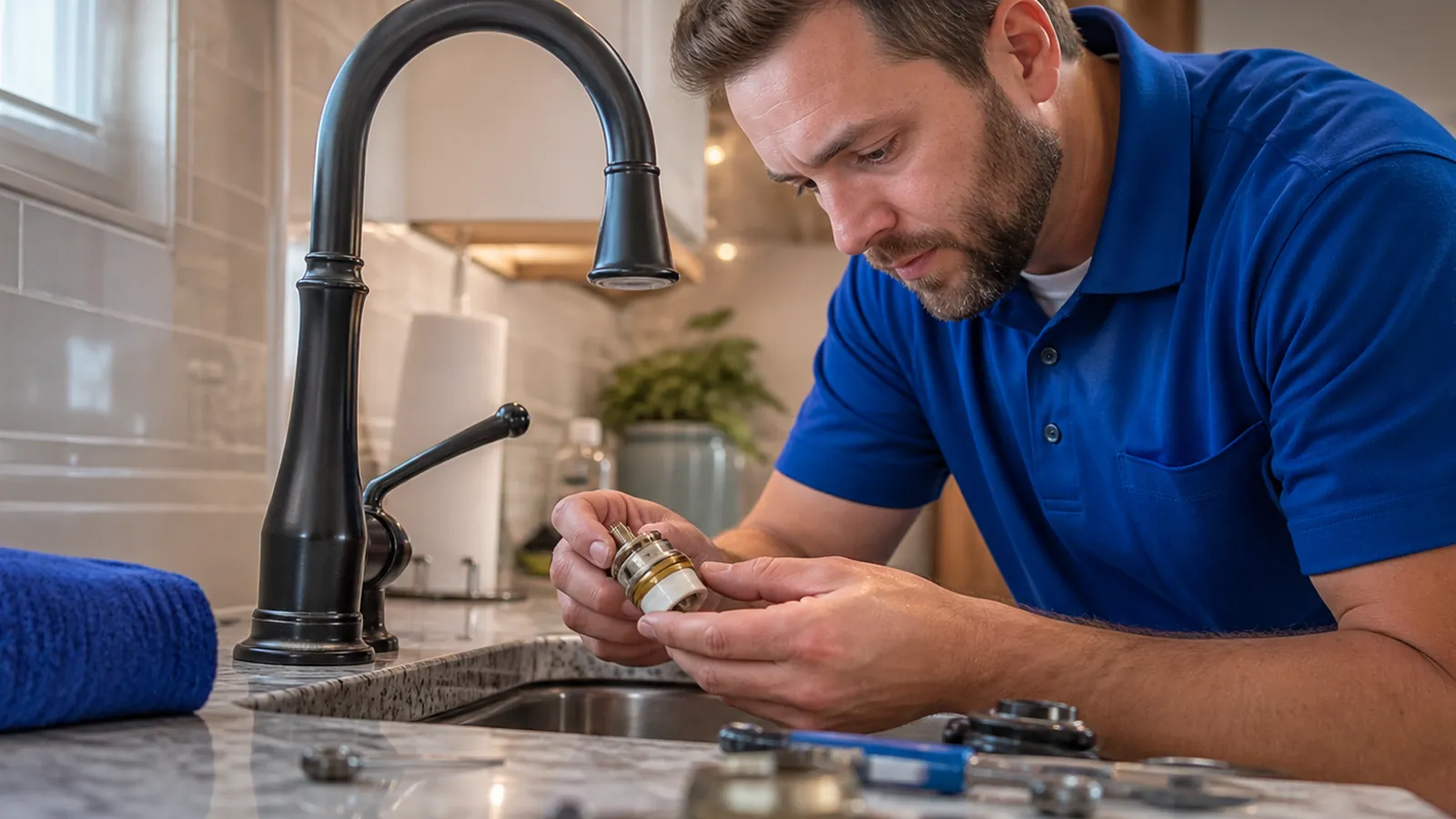 Plumber inspecting a valve cartridge beside a sink