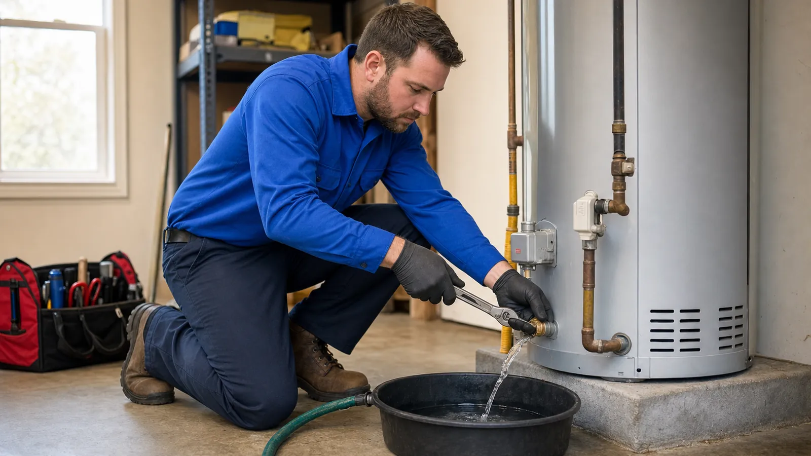 Plumber draining a tank water heater through its drain valve into a tub