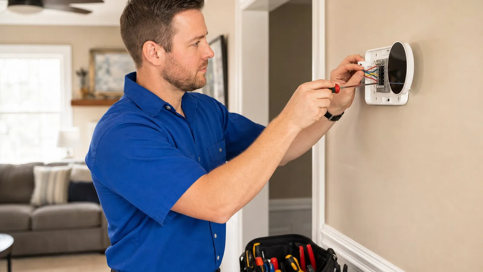 Technician checking the wiring behind a wall-mounted thermostat