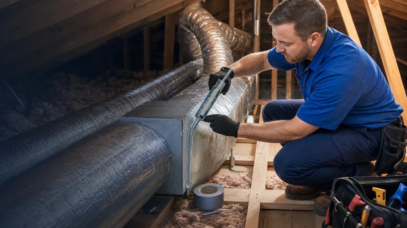 Technician checking an insulated flex duct run in a hot attic