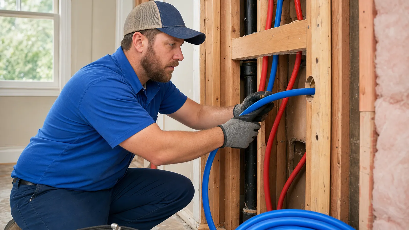 Plumber routing PEX water supply lines through an open wall