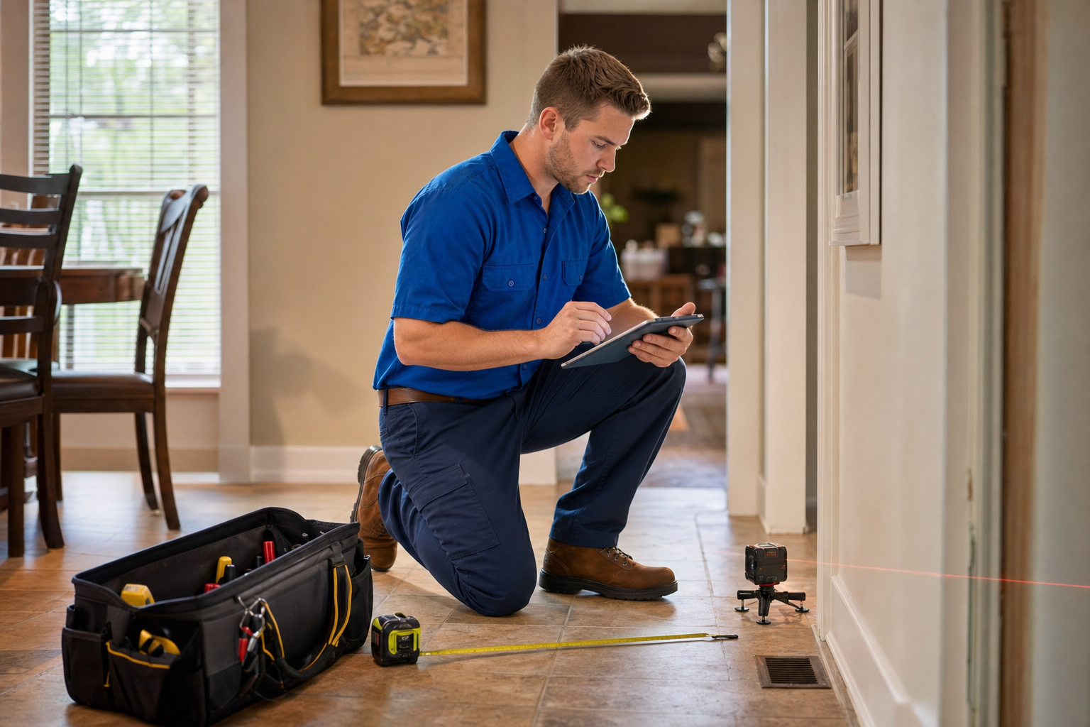 Mark Johnson & Sons technician performing a load calculation before an AC installation in North Louisiana