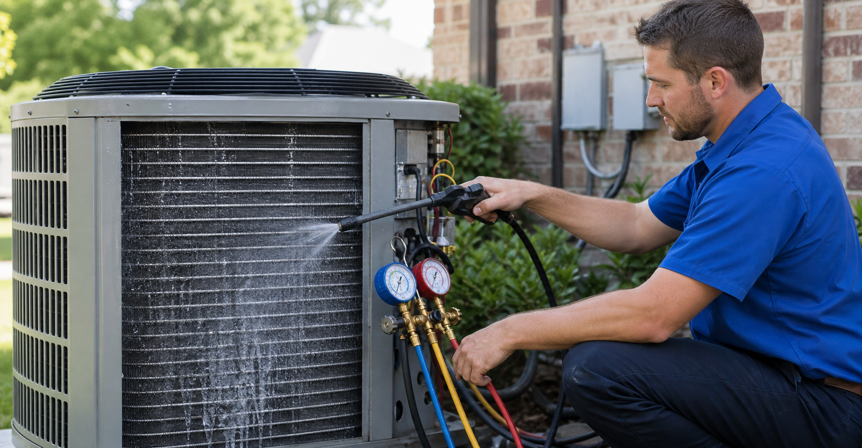Mark Johnson & Sons technician completing an AC maintenance report for a North Louisiana homeowner