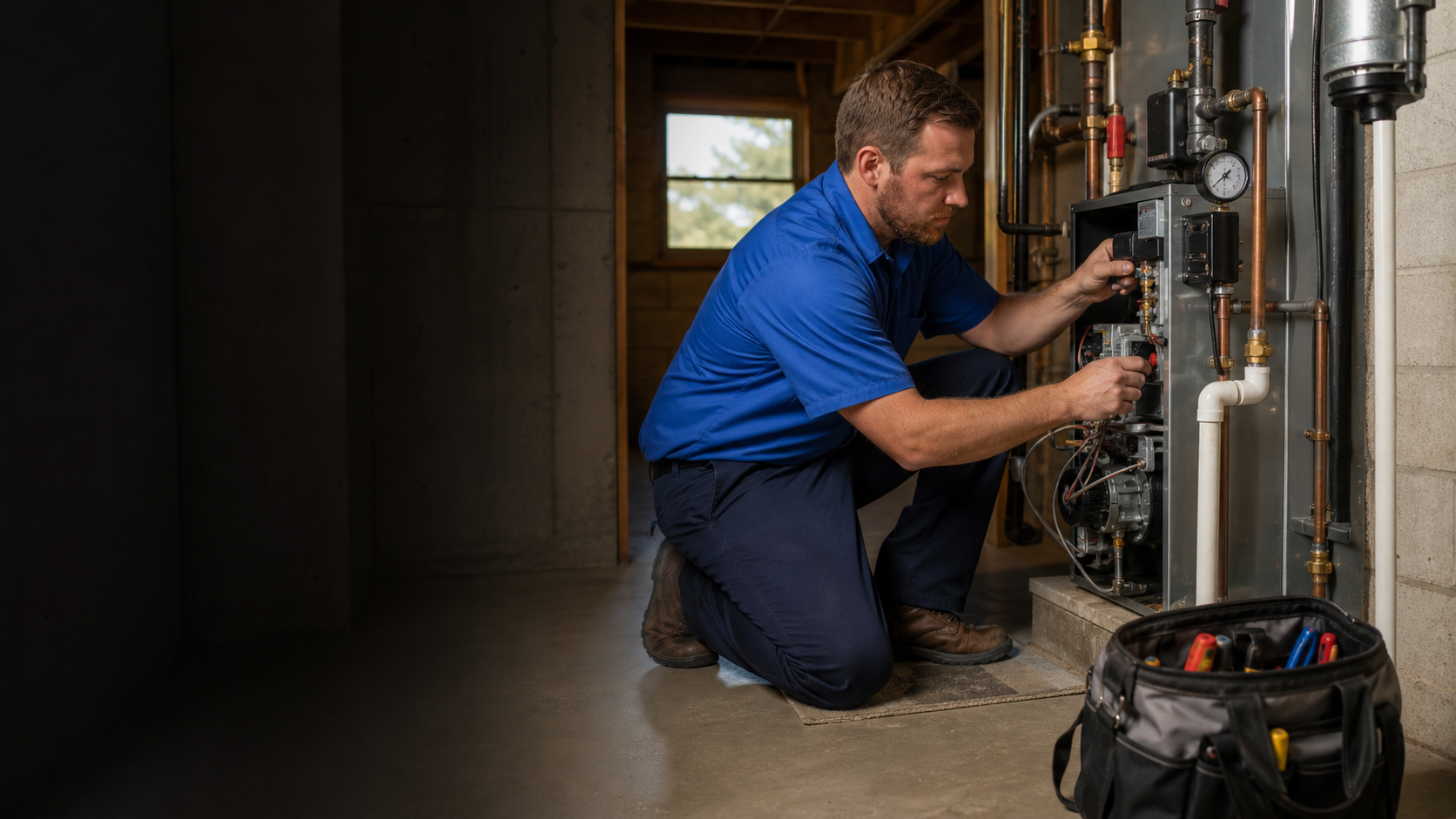 Mark Johnson & Sons technician servicing a residential hot-water boiler in North Louisiana