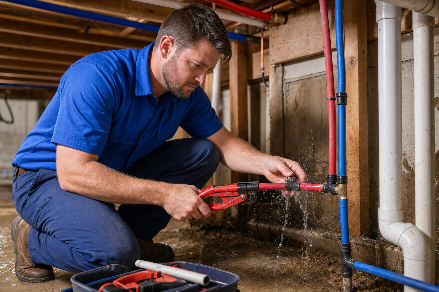Mark Johnson & Sons Plumbing technician repairing a burst PEX line in a North Louisiana basement