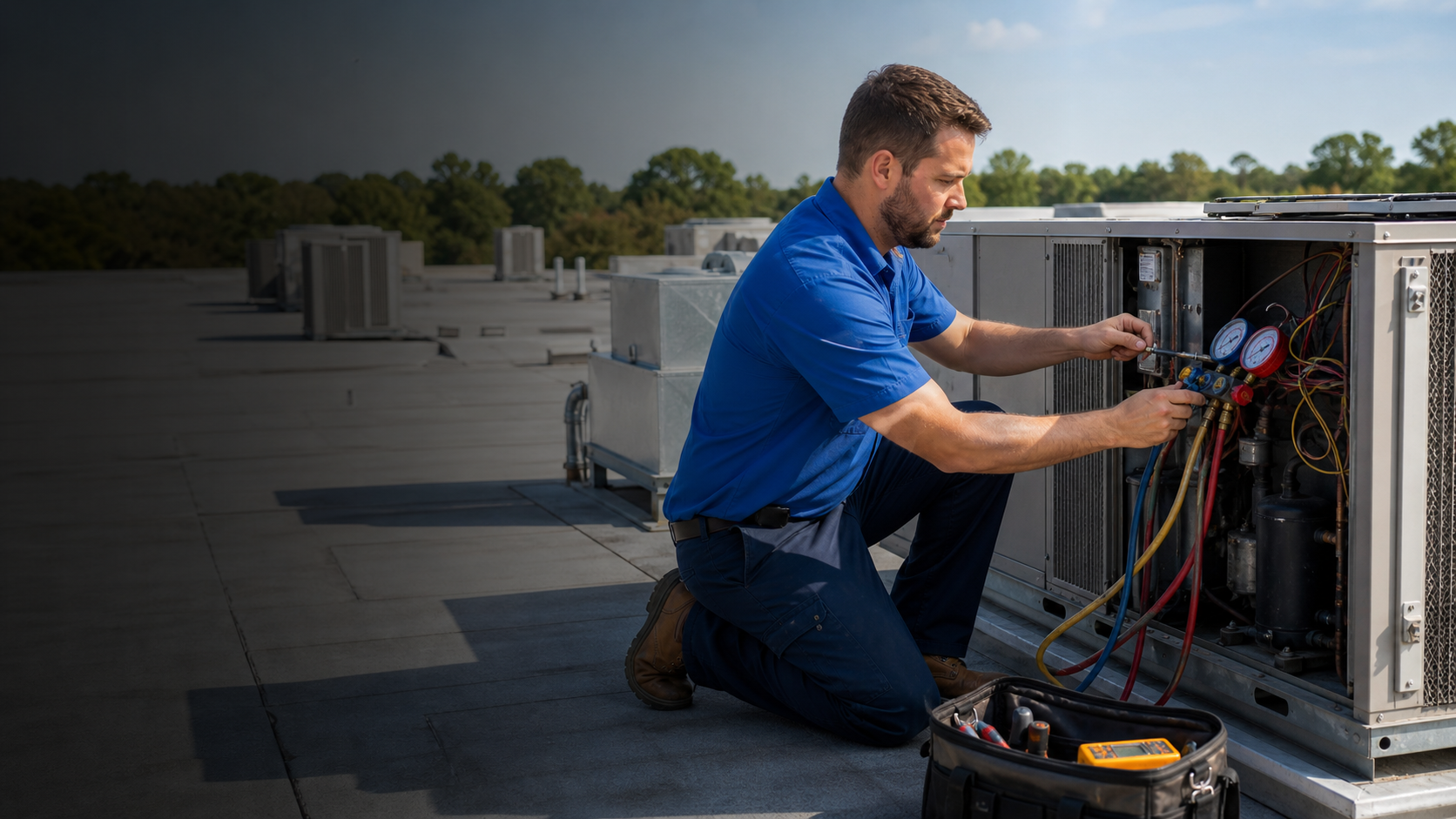 Rooftop packaged air conditioning units serviced on a North Louisiana commercial building