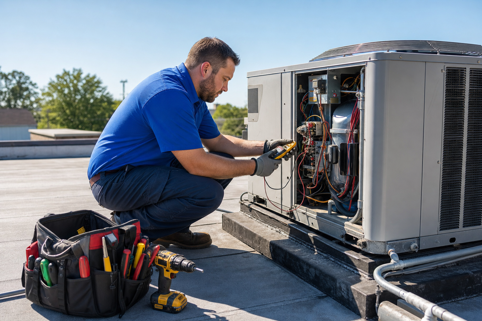 Mark Johnson & Sons technician servicing a rooftop packaged AC unit at a North Louisiana business