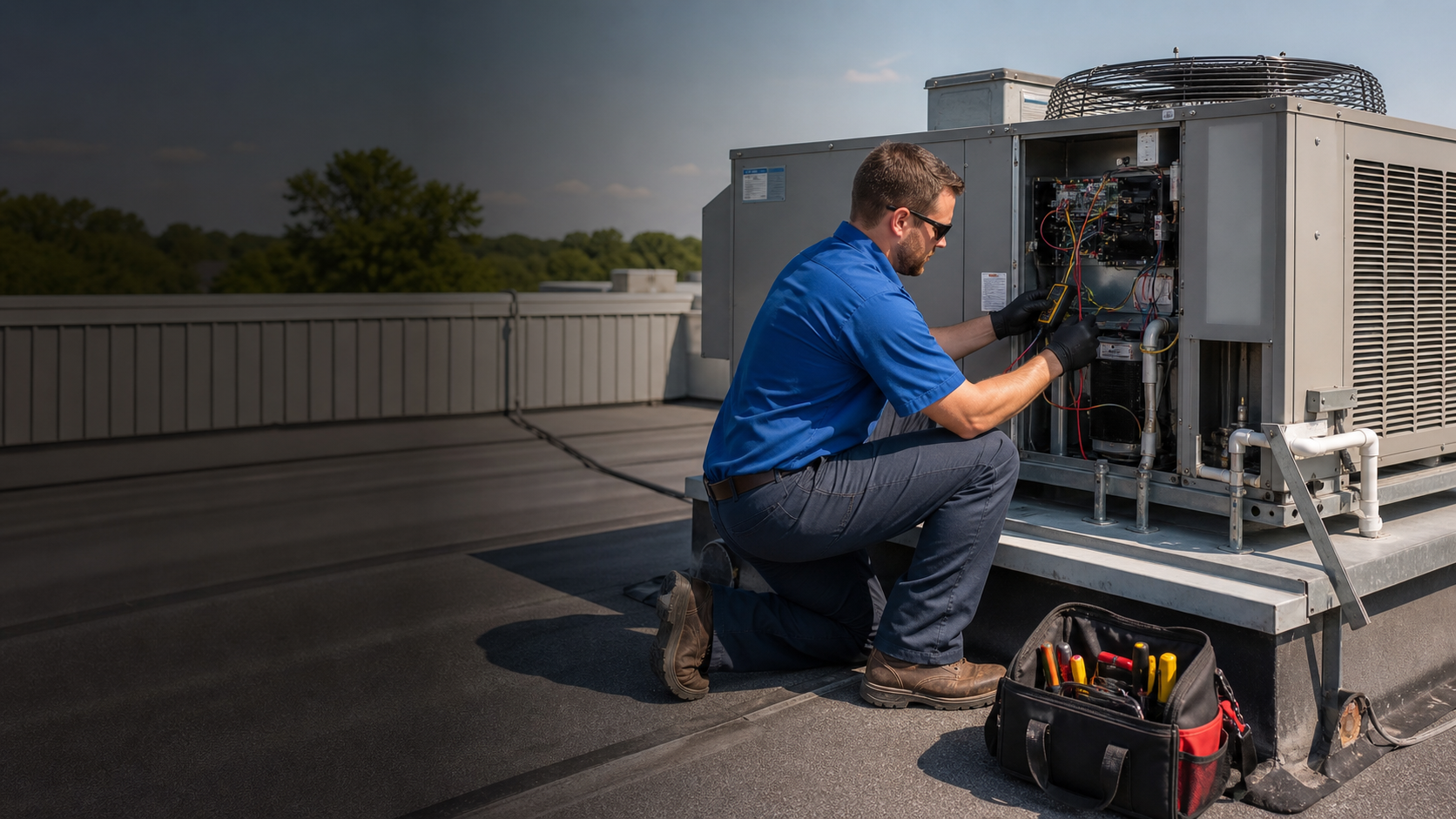 Rooftop packaged HVAC units on a North Louisiana commercial building