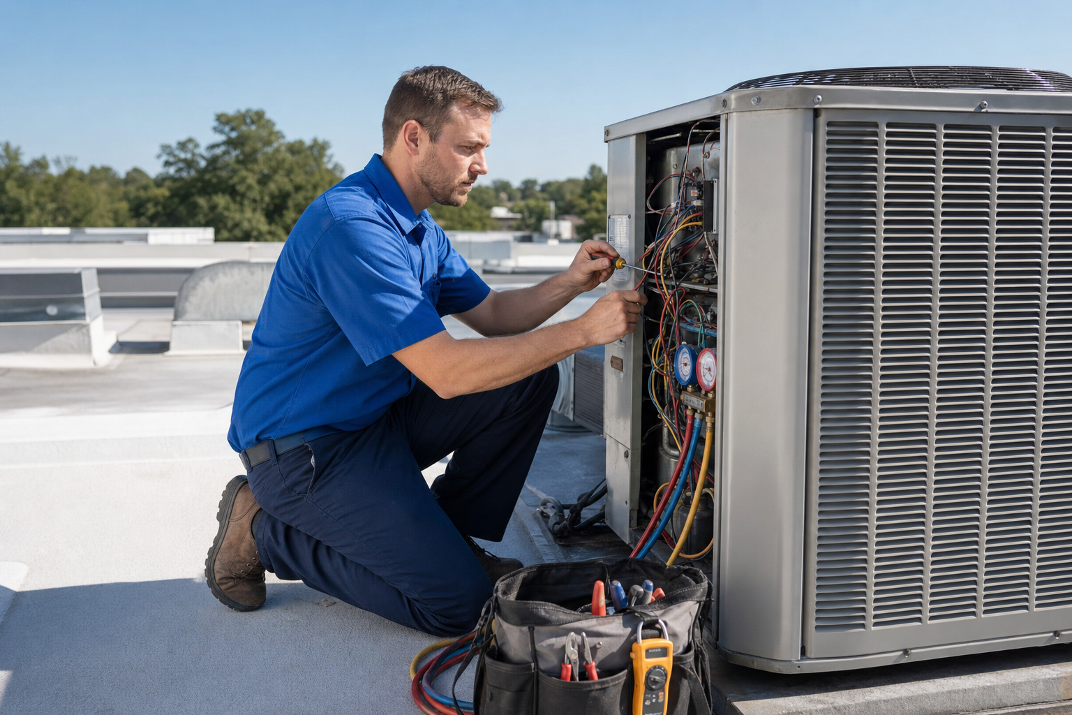 Mark Johnson & Sons technician servicing a rooftop HVAC unit on a North Louisiana commercial building