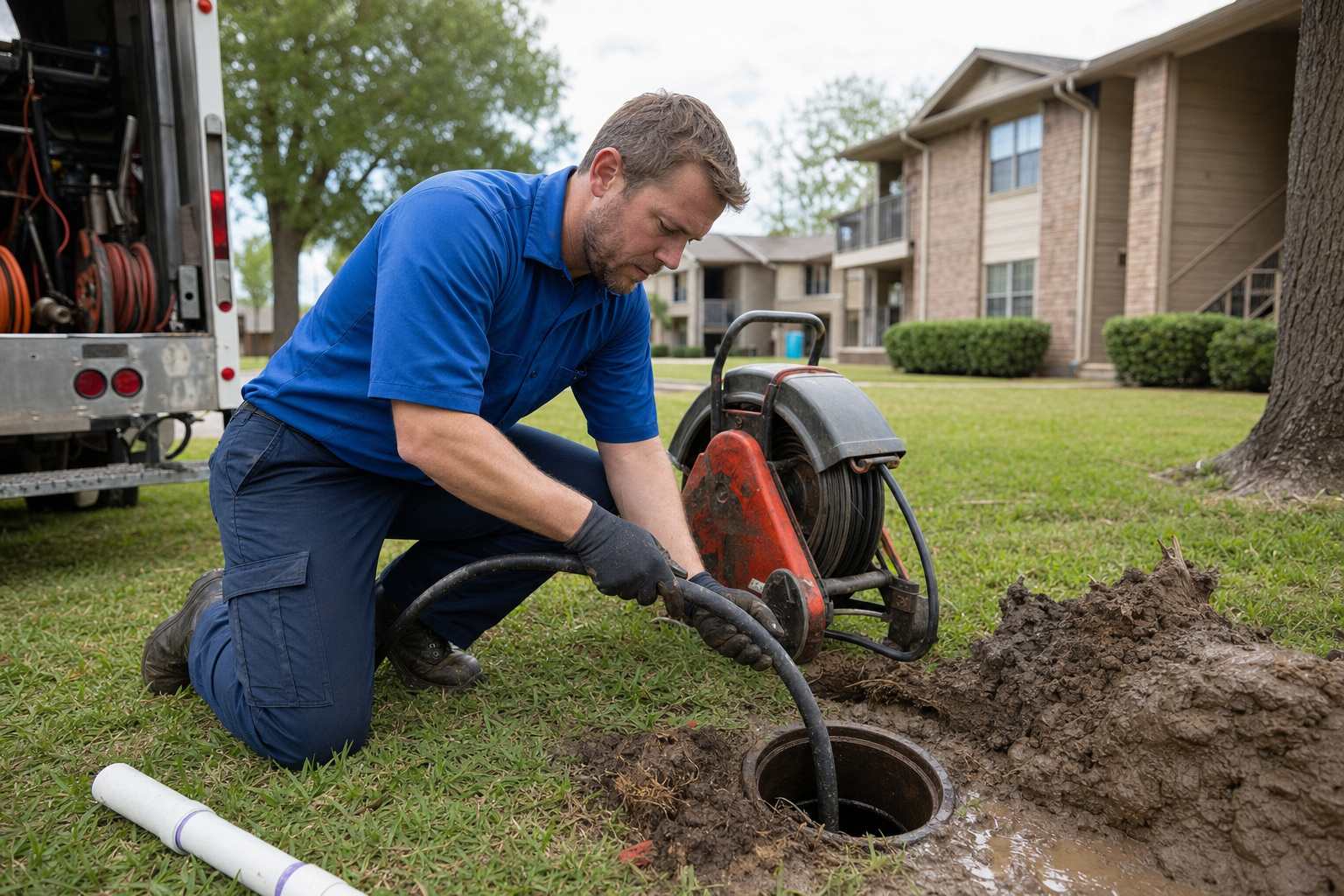 Mark Johnson & Sons Plumbing commercial crew responding to an emergency main line call at a North Louisiana apartment complex