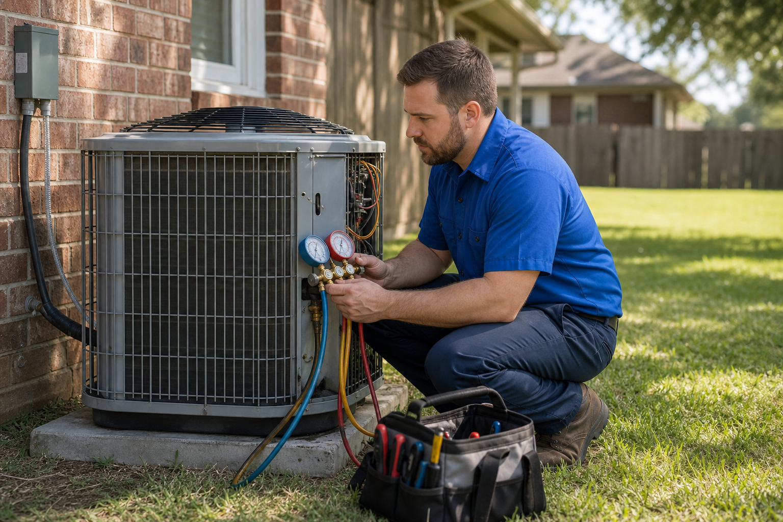 Mark Johnson & Sons technician servicing an outdoor AC condenser at a North Louisiana home