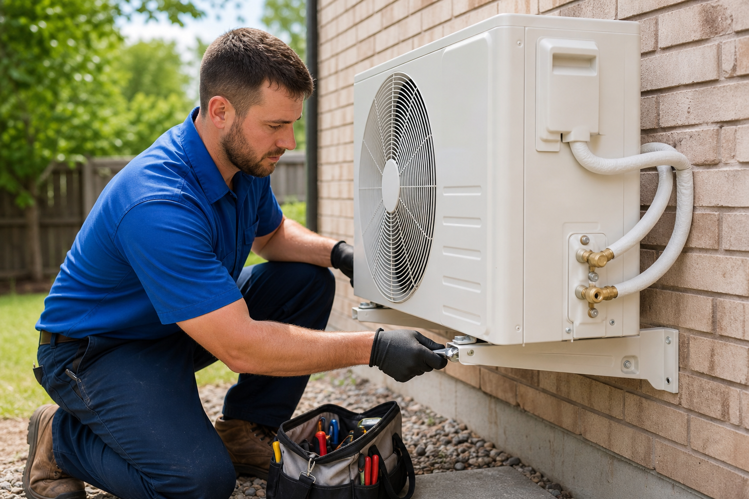 Technician mounting an outdoor mini-split condenser