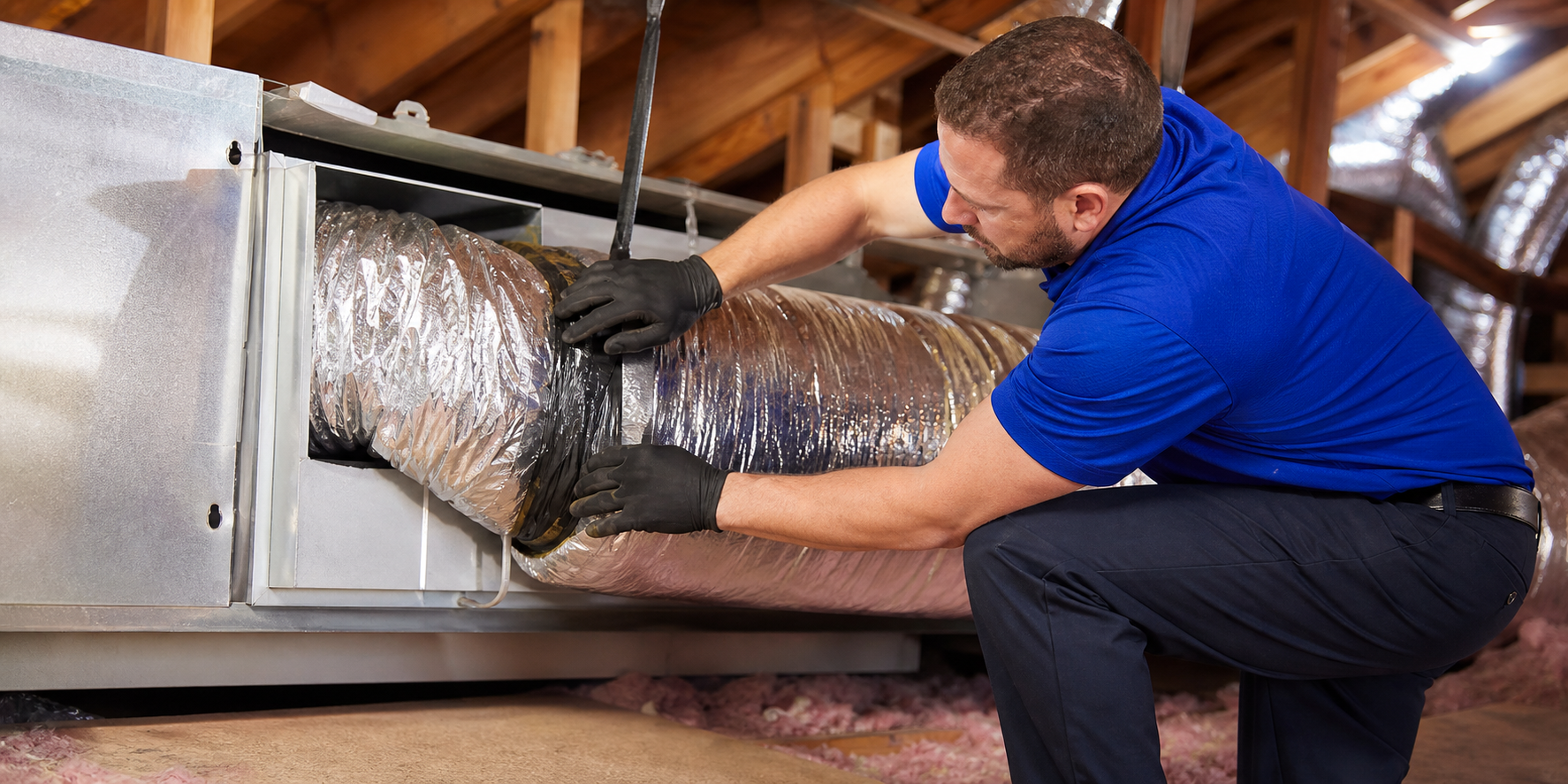 Mark Johnson & Sons technician inspecting and sealing residential ductwork in North Louisiana
