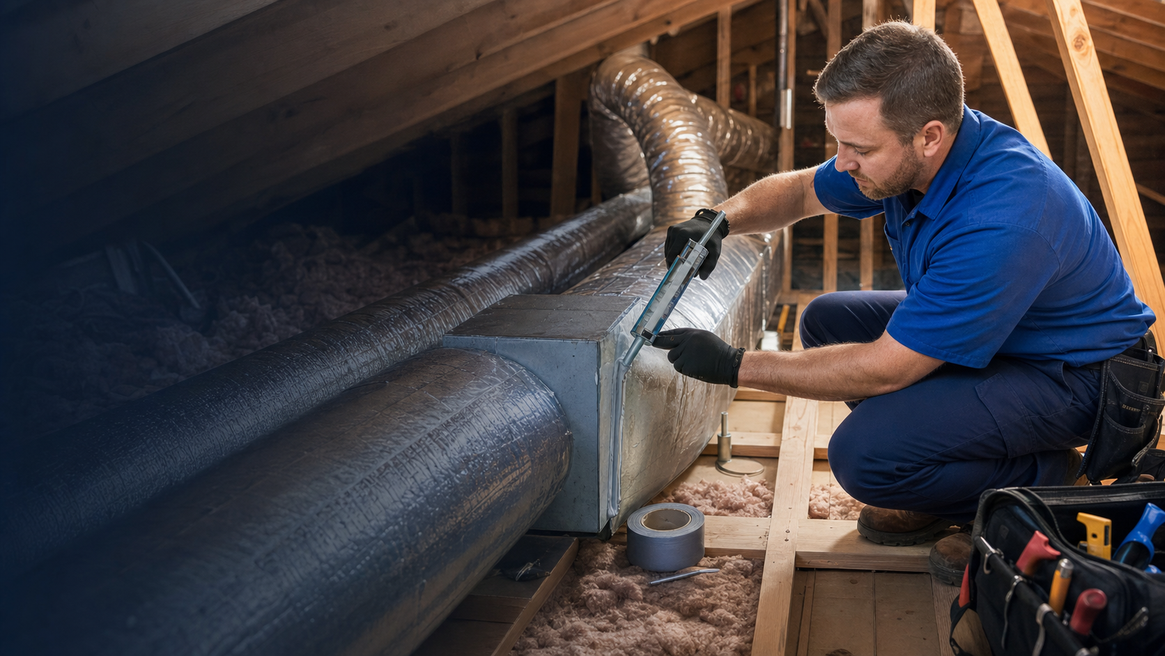 Sealed and repaired supply ductwork in a North Louisiana home attic