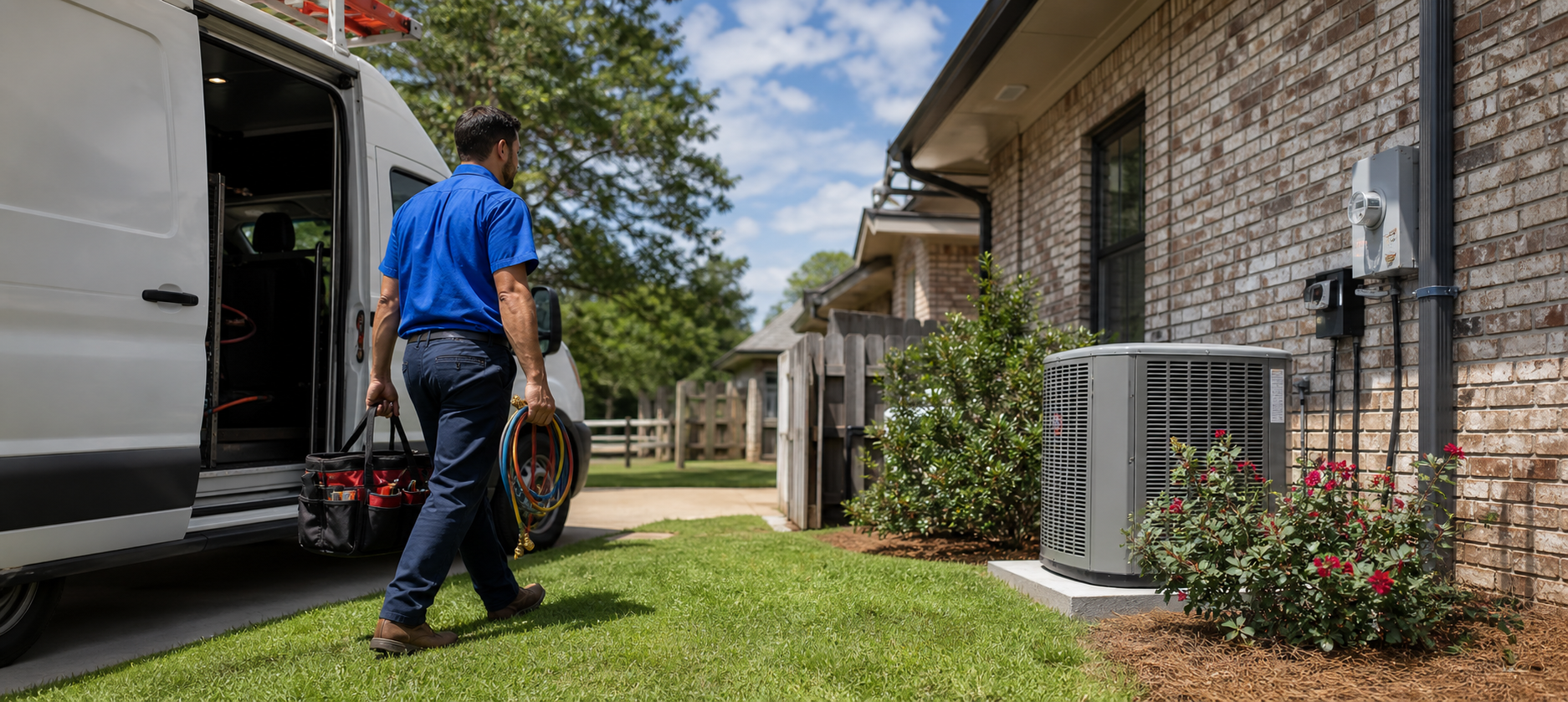 Mark Johnson & Sons truck at a North Louisiana home during an after-hours emergency AC call