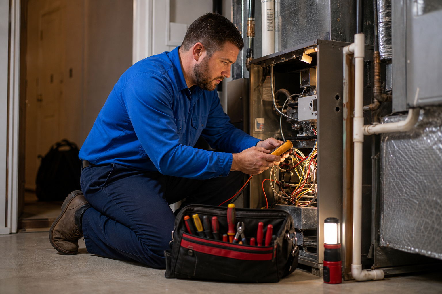 Mark Johnson & Sons technician diagnosing a furnace on an after-hours emergency call in North Louisiana