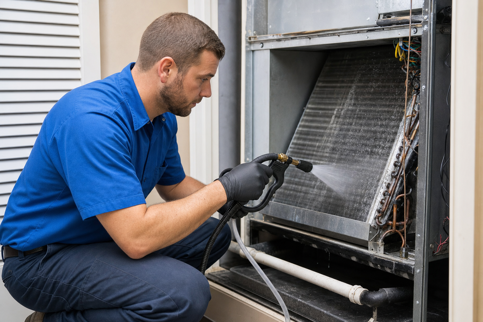 Technician cleaning an AC evaporator coil