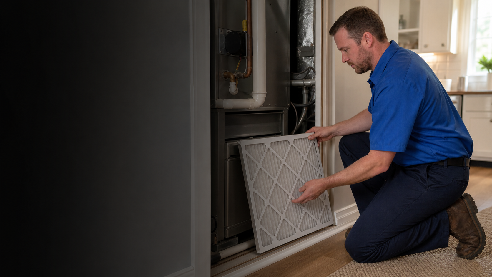 Technician replacing a pleated furnace filter in a North Louisiana home