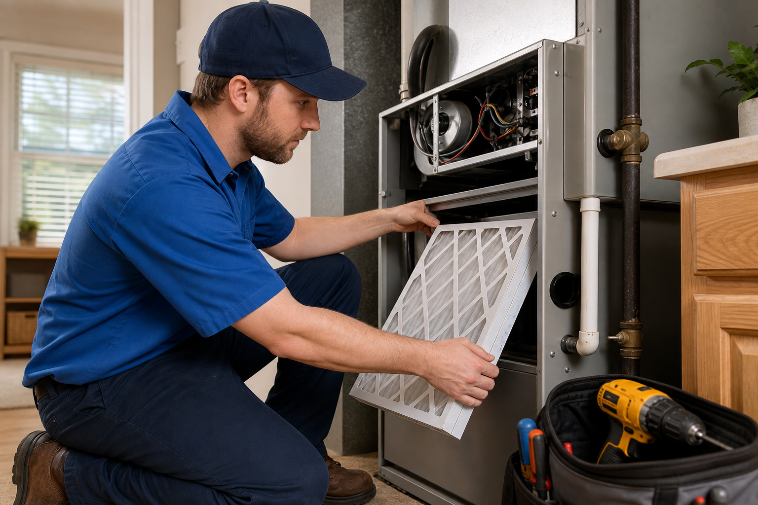 Mark Johnson & Sons technician checking airflow and installing a new HVAC filter in North Louisiana
