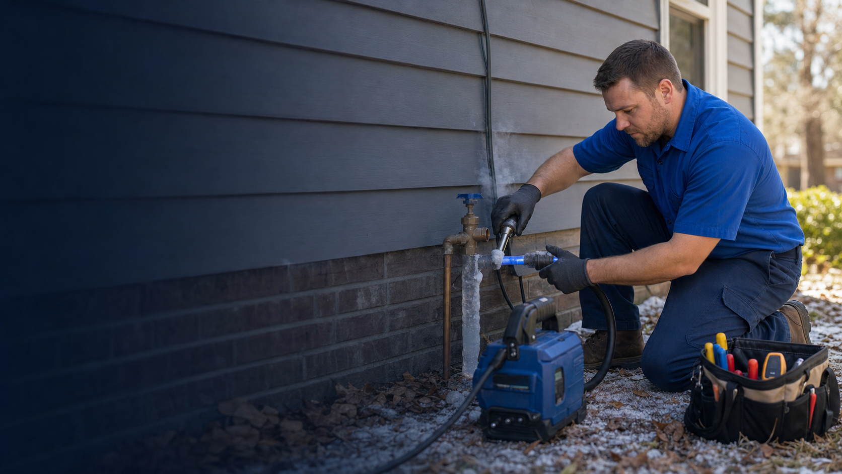 Mark Johnson & Sons Plumbing technician thawing a frozen water line in a North Louisiana home