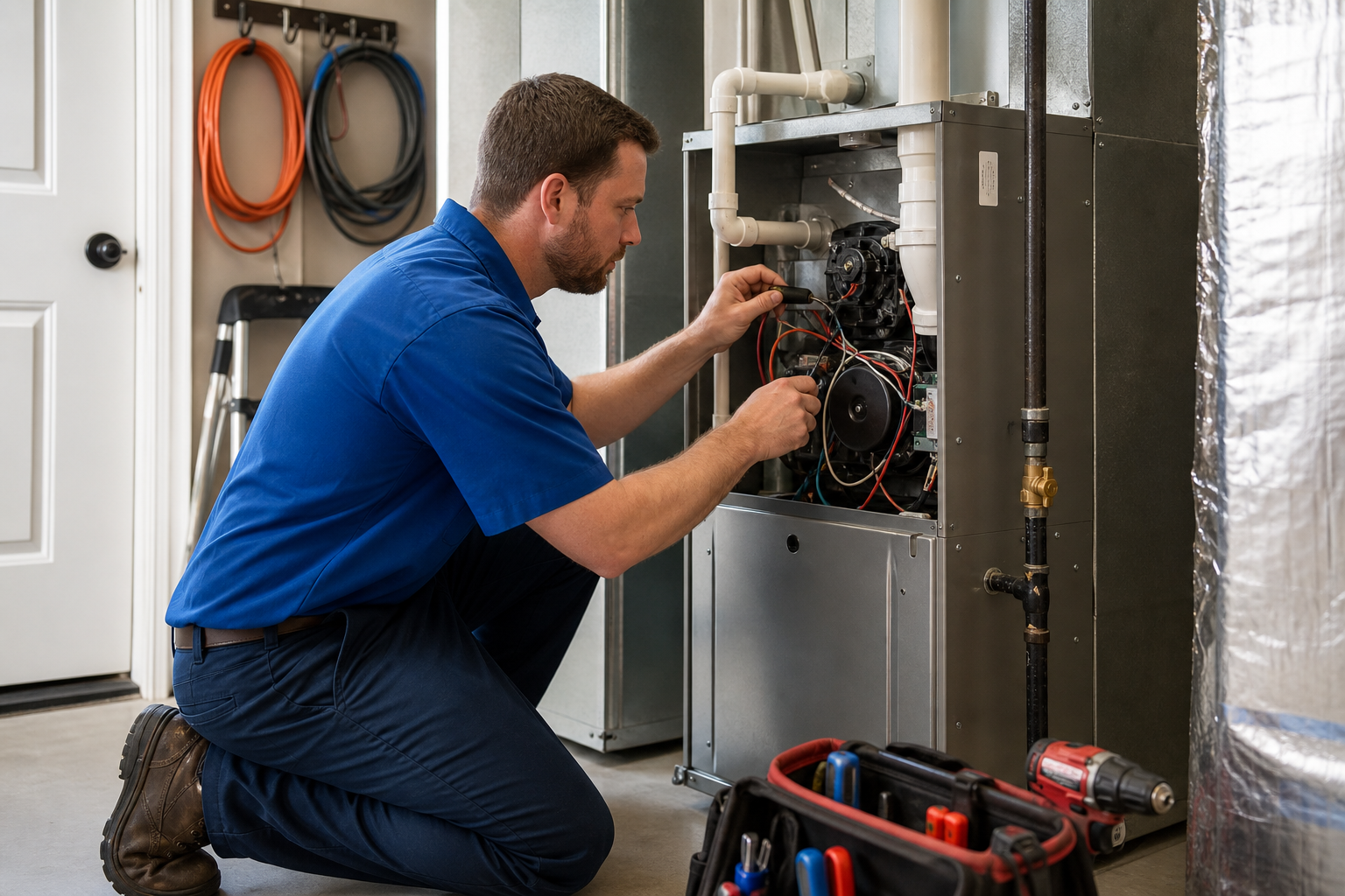Technicians setting a new furnace during installation