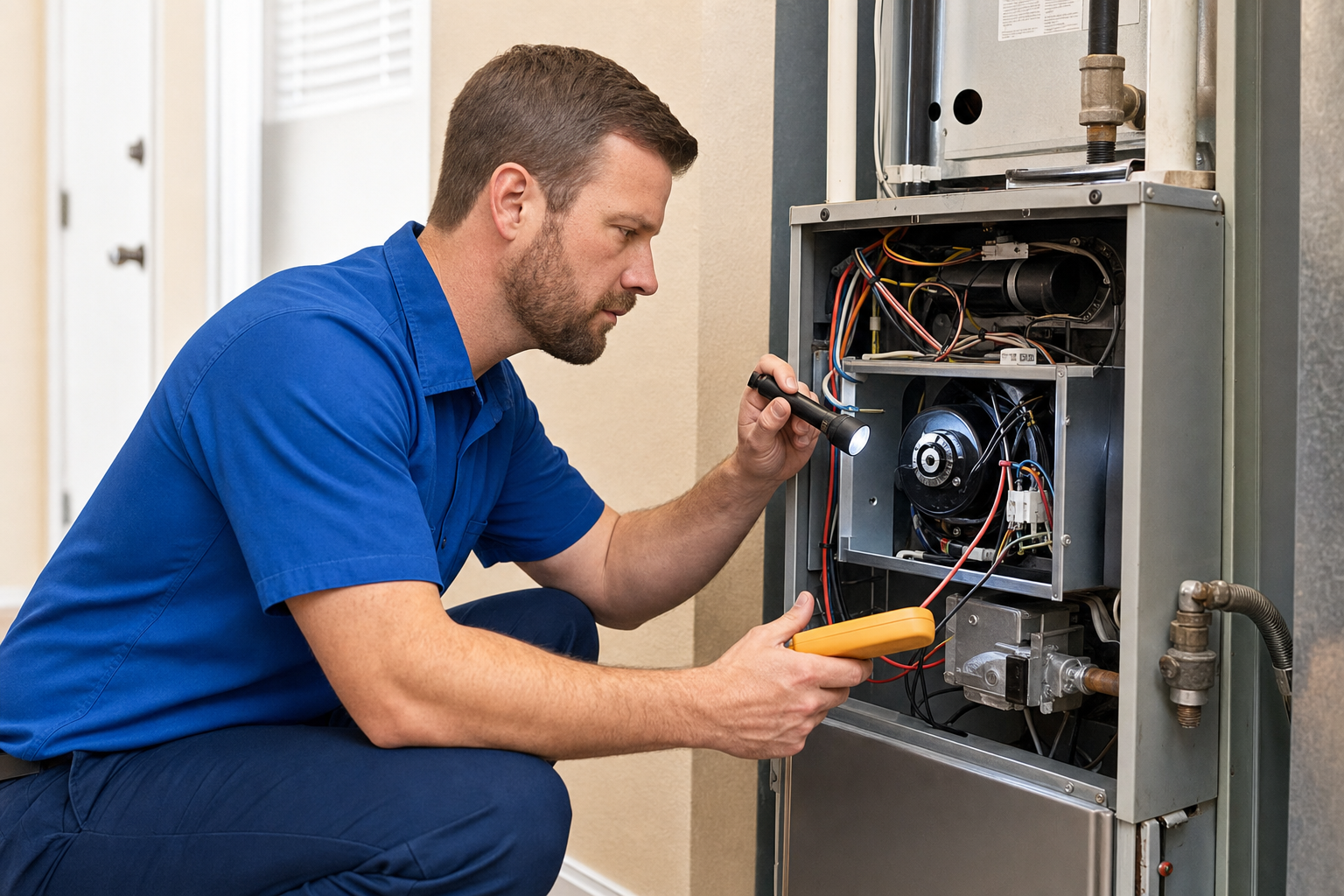 Technician inspecting furnace safety controls during a tune-up