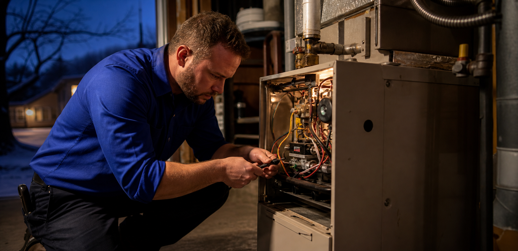 Mark Johnson & Sons technician on an after-hours no-heat furnace call