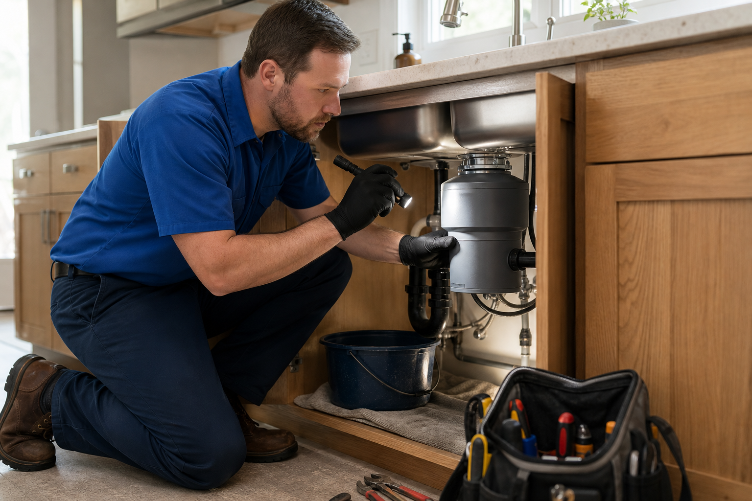 Mark Johnson & Sons Plumbing technician diagnosing a leaking garbage disposal under a kitchen sink