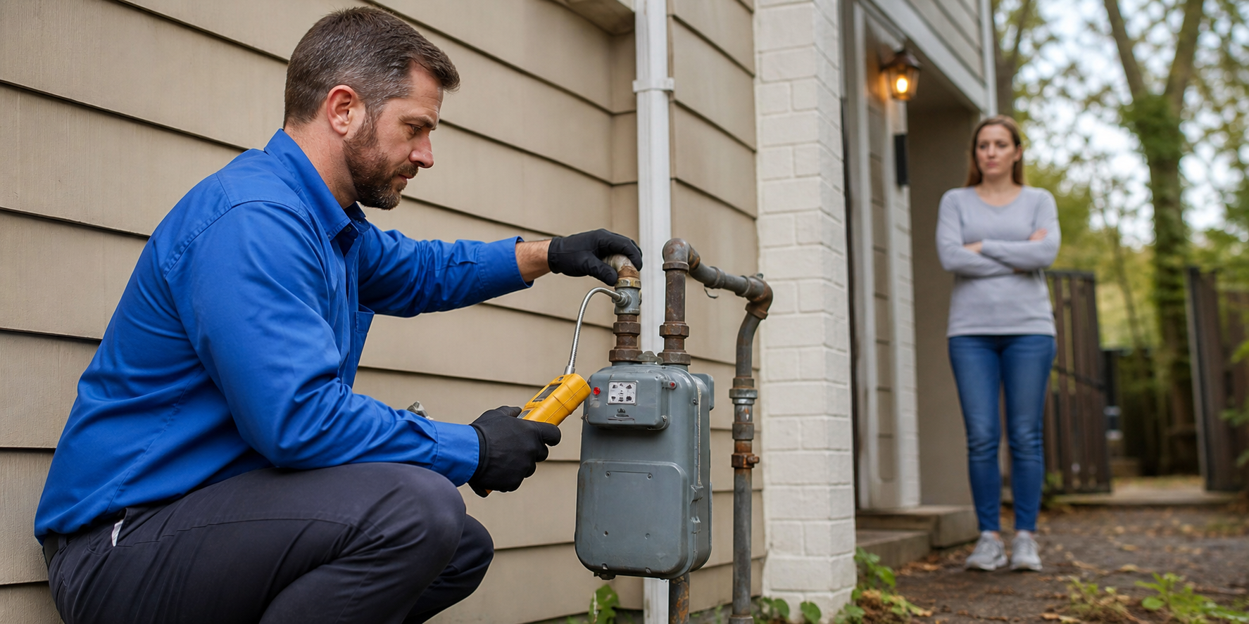 Mark Johnson & Sons Plumbing technician with gas leak detection equipment outside a North Louisiana home