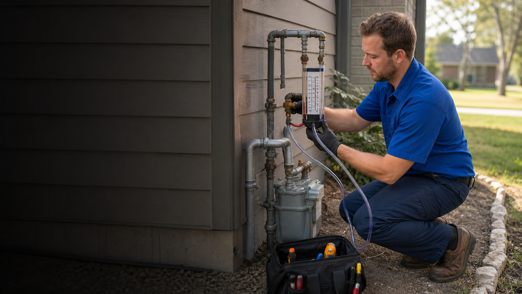 Mark Johnson & Sons Plumbing licensed gas technician testing a gas line with a manometer at a North Louisiana home